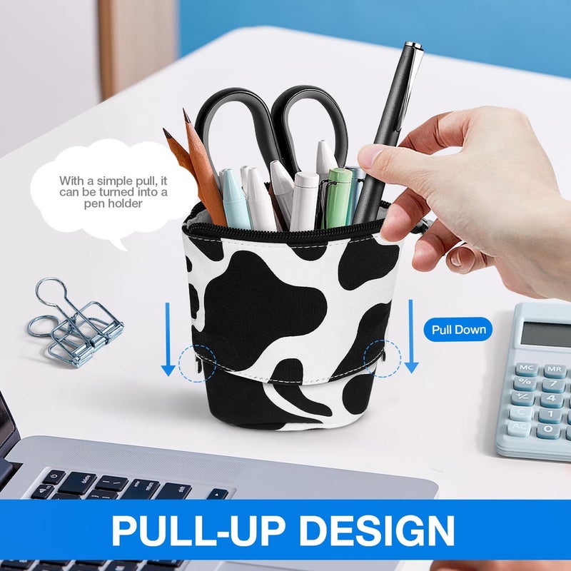 KPX Cute Standing Pencil Case for Kids, Pop Up Pencil Box Makeup Pouch, Christmas Gift Kids Canvas Pen Holder Organizer Cosmetics Bag, Kawaii Stationary (Cow Print) - Image 4